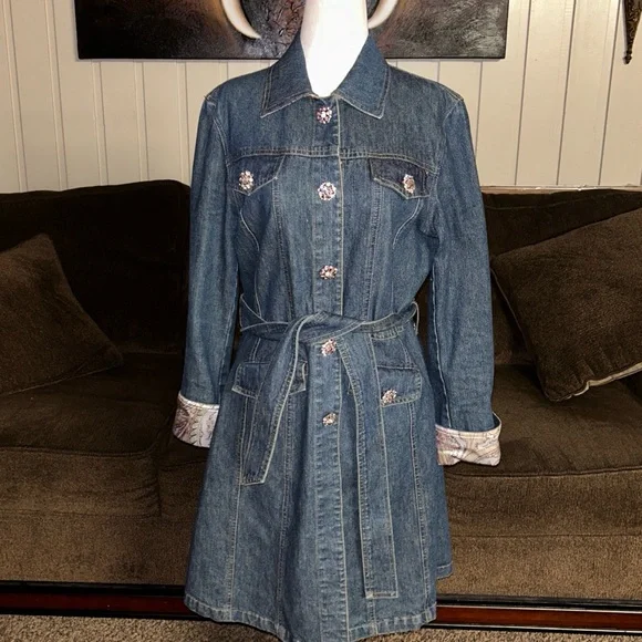 Berek • Medium • Vintage • Blue • Denim • Pink Rhinestones Buttons • Trench Coat - Picture 2 of 12